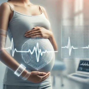 Pregnant woman with atrial fibrillation depicted with ECG overlay.