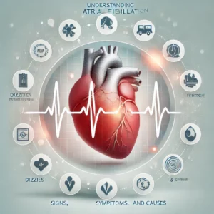 Illustration of atrial fibrillation with heart and ECG line.