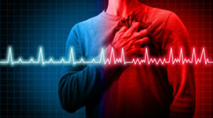 A person clutching their chest with an EKG line indicating atrial fibrillation, highlighting the dangerous truth of untreated hyperthyroidism and its link to serious heart conditions