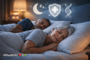 Middle-aged couple sleeping peacefully at night, illustrating restorative sleep and recovery for overall health and metabolic balance.