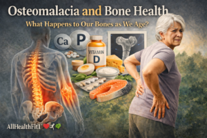 Medical illustration showing osteomalacia, bone weakness, vitamin D, and bone health in aging adults.