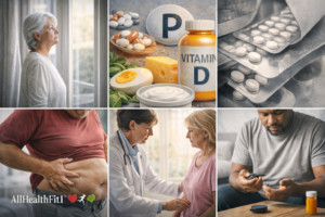 Realistic collage showing lifestyle and medical risk factors for osteomalacia, including limited sunlight exposure, vitamin D supplements, medical consultation, and metabolic health monitoring.