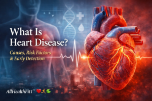 🌿 What Is Heart Disease? Causes, Risk Factors, and Why Early Detection Matters 2 Illustration of a human heart with ECG line showing heart disease, risk factors, and early detection for cardiovascular health.