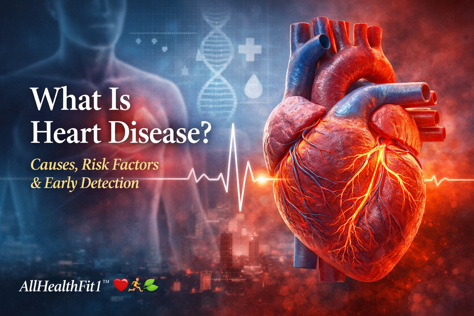 Illustration of a human heart with ECG line showing heart disease, risk factors, and early detection for cardiovascular health.