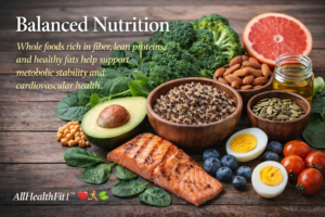 Balanced nutrition foods including salmon, quinoa, avocado, vegetables, and healthy fats supporting metabolic and cardiovascular health.
