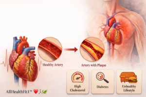 Diagram showing healthy artery vs plaque buildup and heart disease risk factors.