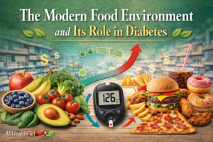 Illustration comparing whole foods and fast foods showing how the modern food environment influences blood sugar levels and diabetes risk.