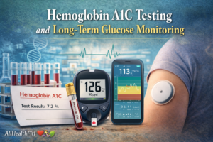 Illustration showing Hemoglobin A1C testing and long-term glucose monitoring with a glucose meter, lab test report, blood sample tube, and continuous glucose monitor.