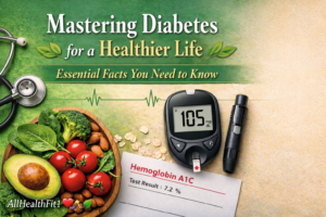 Mastering Diabetes for a Healthier Life: Essential Facts You Need to Know 2 Illustration of diabetes management with glucometer, A1C test results, healthy foods, and stethoscope representing metabolic health and blood sugar regulation.