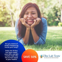 Mastering Diabetes for a Healthier Life: Essential Facts You Need to Know 5 Woman lying on grass smiling with Ulta Lab Tests graphic promoting preventive health screening including Hemoglobin A1C testing to monitor long-term blood sugar levels.