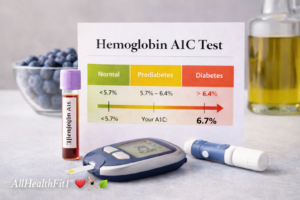 Hemoglobin A1C test chart with glucose meter, blood sample tube, and diabetes testing supplies.