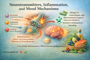 Infographic illustrating how inflammation affects serotonin, dopamine, and cortisol pathways, with omega-3–rich foods supporting brain health and mood regulation.