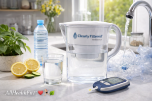 Filtered water pitcher, glass of water, and fresh citrus illustrating hydration and environmental exposure.