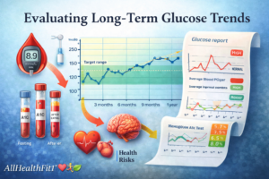 Infographic on long-term glucose trends showing A1C tests, glucose graphs, report results, and heart and brain health risk icons.
