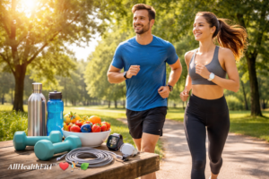 🌿 How to Reduce Cholesterol Intake: Using Nutrition Labels to Make Healthier Choices 4 Man and woman jogging in a sunny park with fitness gear, water bottles, and fruit representing physical activity and healthy lifestyle.