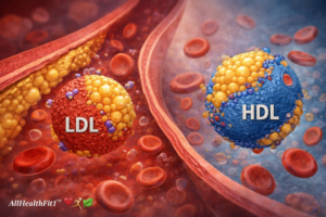 Illustration showing LDL and HDL lipoproteins traveling through the bloodstream and their roles in cholesterol transport and cardiovascular health.