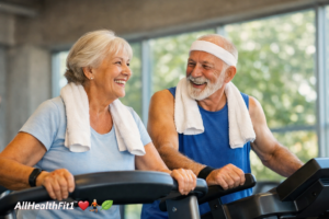 Elderly man and woman smiling while exercising on treadmills in a bright gym setting