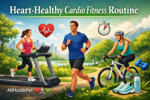 People performing cardio exercises including running, cycling, and treadmill workouts for heart health