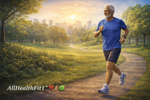 Older man jogging in a park, representing physical activity and cardiovascular health.