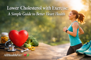 Woman jogging outdoors beside heart health items and vegetables illustrating exercise and lifestyle strategies for lowering cholesterol.