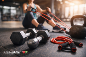 Woman performing resistance band exercise in a gym with dumbbells, kettlebell, and jump rope representing strength training for metabolic health.