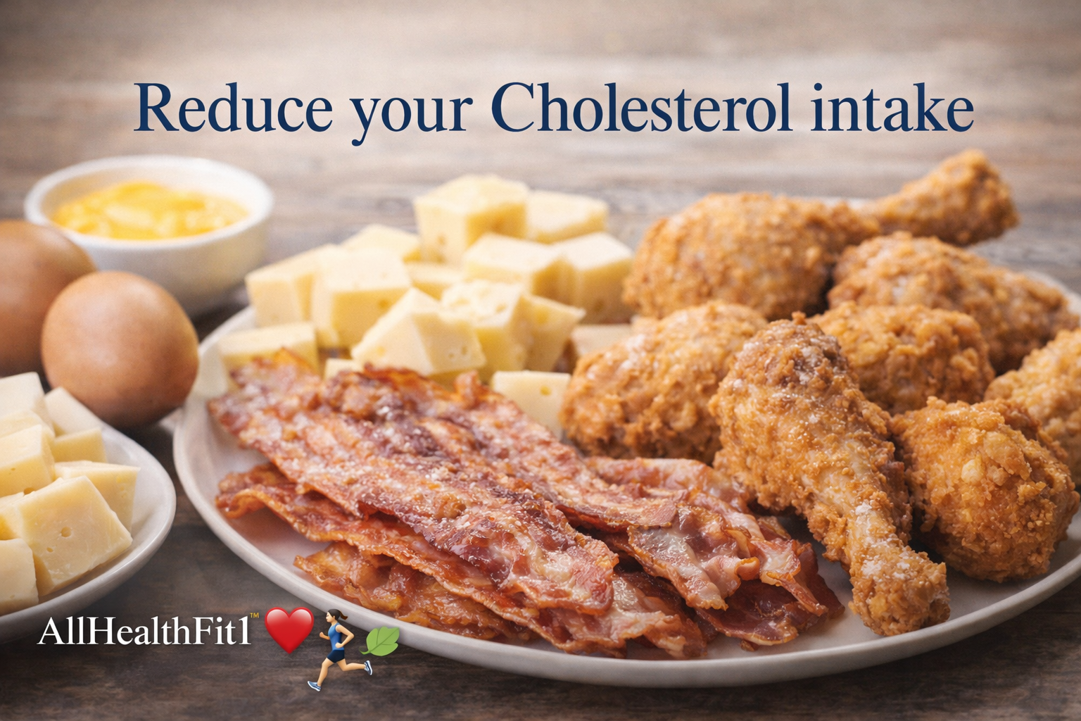 Plate of high-cholesterol foods including bacon, fried chicken, eggs, and cheese illustrating cholesterol intake and heart health risk.
