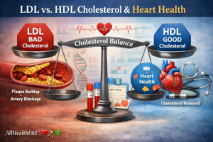 Illustration showing the balance between LDL (“bad”) cholesterol and HDL (“good”) cholesterol and their effects on cardiovascular health.
