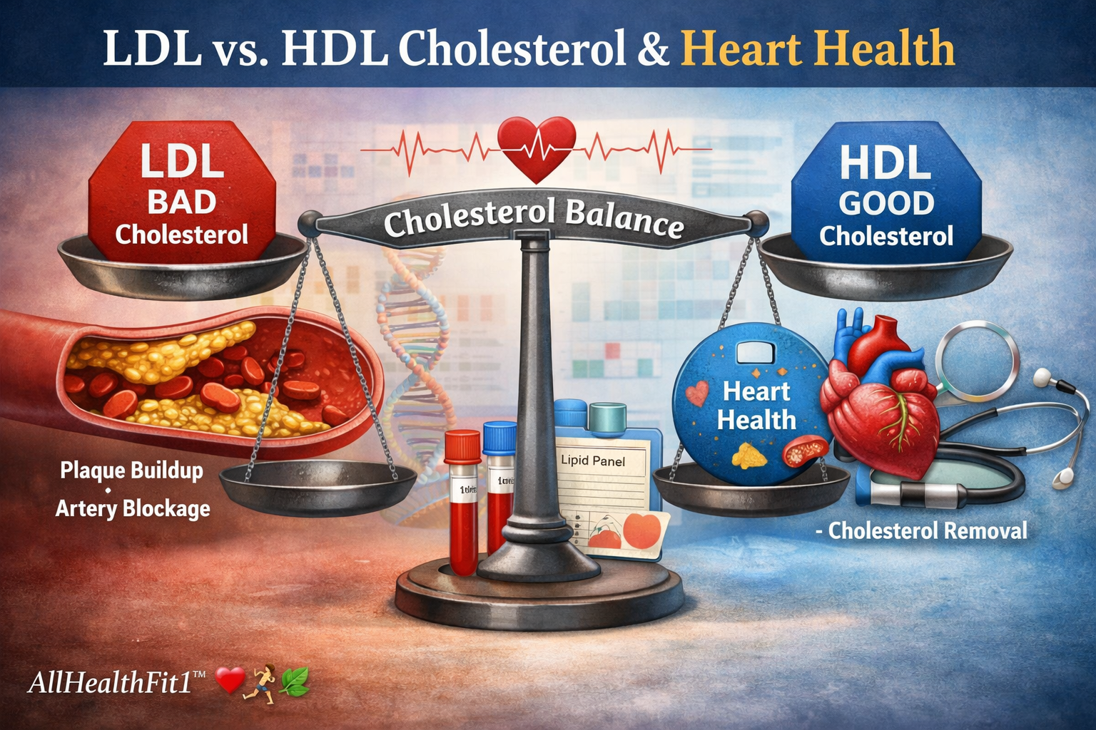 Illustration showing the balance between LDL (“bad”) cholesterol and HDL (“good”) cholesterol and their effects on cardiovascular health.