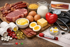 Foods high in cholesterol including red meat, eggs, cheese, butter, and processed meats with medical heart health tools.