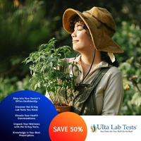 Woman holding fresh herbs outdoors promoting Ulta Lab Tests and encouraging individuals to review important lab tests with their doctor.