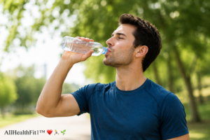 A healthy man drinks water outdoors to support hydration and overall wellness. 💧🌱
